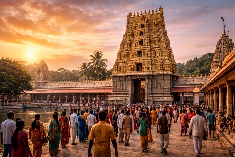 Govindaraja Swamy Temple Tirupati exterior with pilgrims at dawn