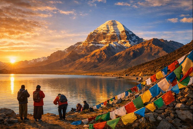 Kailash Manasarovar Darshan scenic view with pilgrims