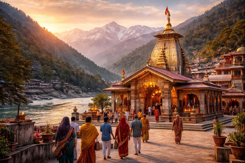 Kashi Vishwanath Temple Uttarkashi darshan with Himalayan backdrop