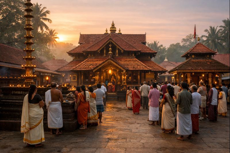 "Malayalappuzha Temple Darshan with devotees at temple entrance"