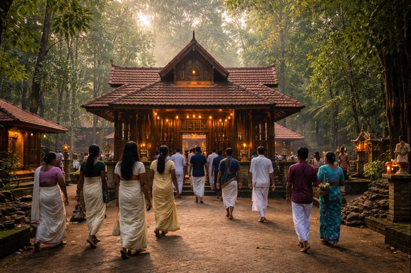 Mannarasala Temple Darshan Timings early morning devotees under sacred grove