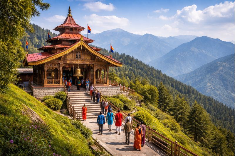 Tara Devi Temple Shimla hilltop view with visitors