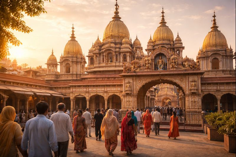 Raghunath Temple Jammu Darshan scene at entrance with devotees.