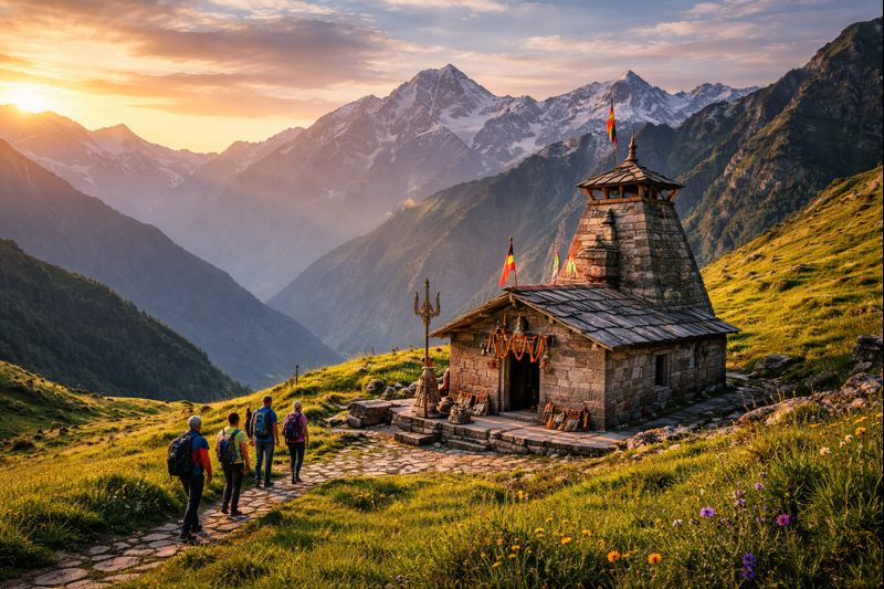 Rudranath Temple darshan scenic Himalayan setting.