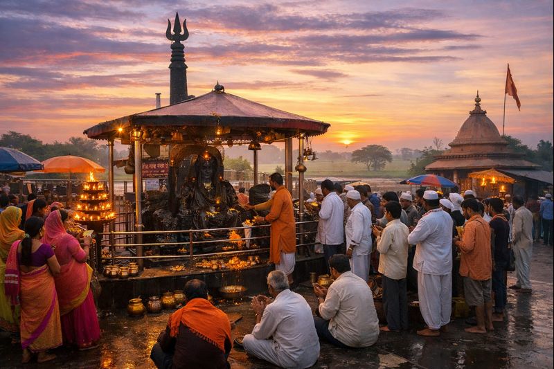 Shani Shingnapur Temple Darshan with devotees and open-air shrine