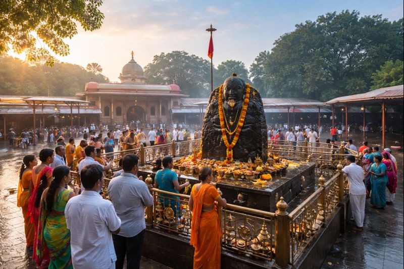 Shani Shingnapur Temple Online view of open air shrine and devotees