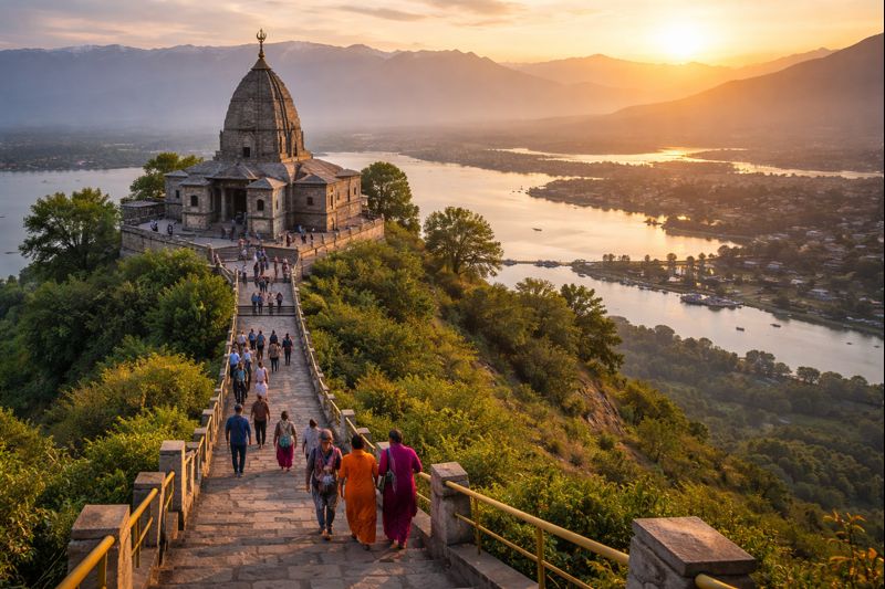 Shankaracharya Temple Srinagar Darshan view on hill with pilgrims
