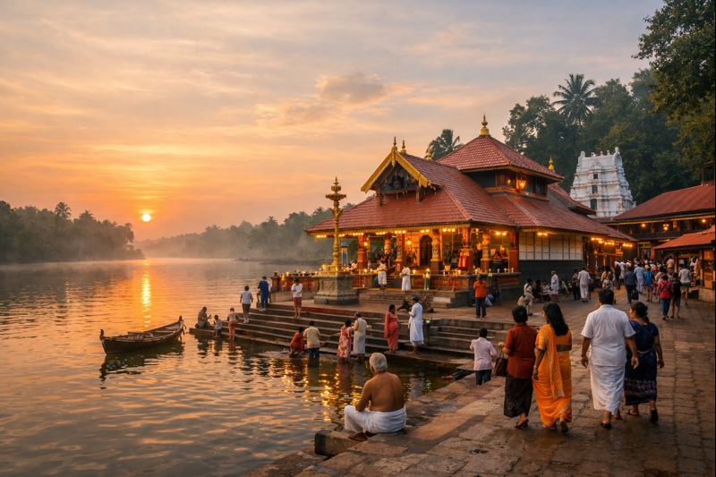Sree Parassinikadavu Muthappan Temple darshan scene at river bank.