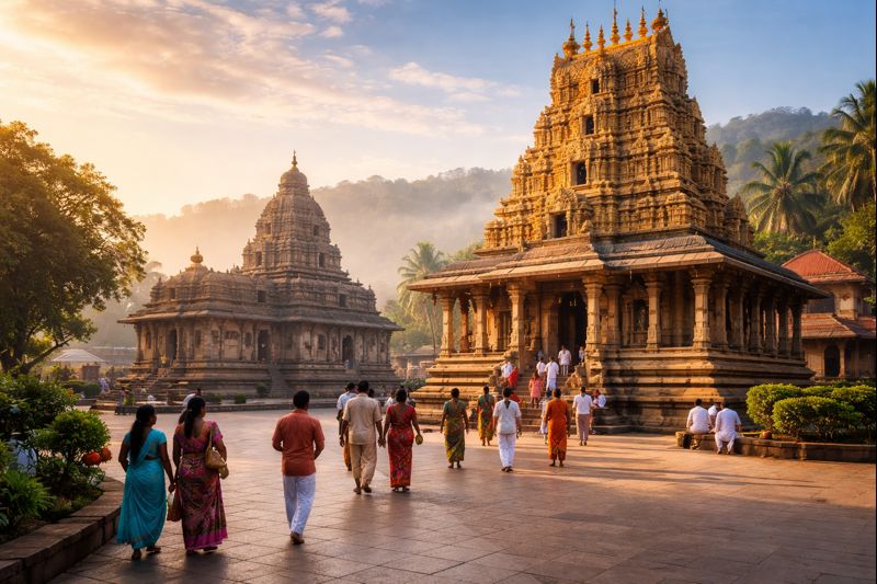 Sringeri Temple Timings Entry guide showing temple entrance at sunrise