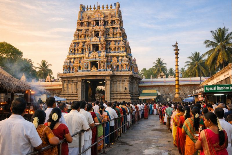 Thirunallar Saneeswaran Temple Darshan with temple gopuram and pilgrims.