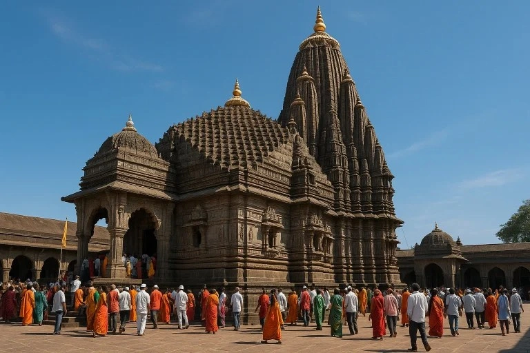 Trayambakeshwar temple darshan at dawn with pilgrims and hills