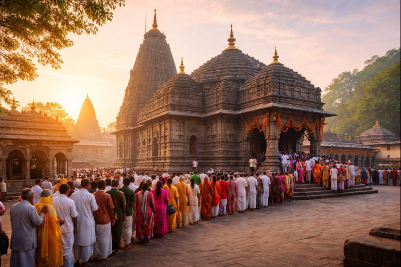 Pooja Timings Temple Trimbakeshwar schedule with devotees at morning darshan.