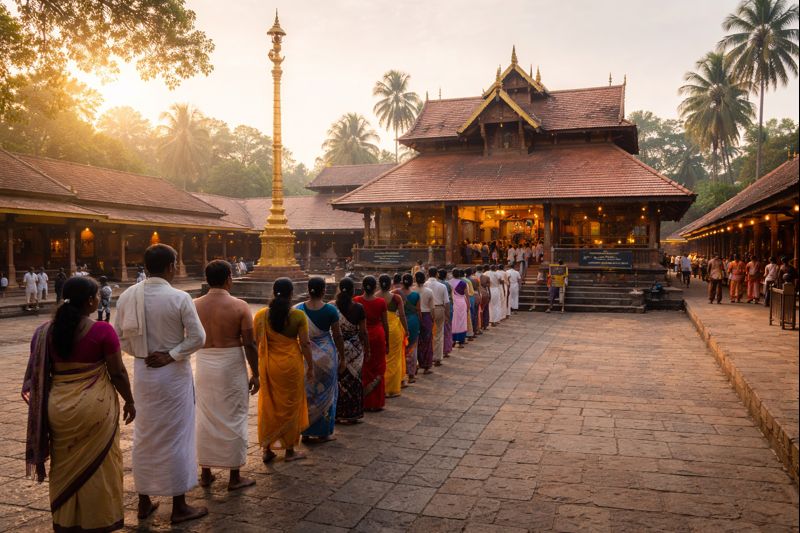 Vaikom Mahadeva Temple Darshan showing devotees and temple entrance.