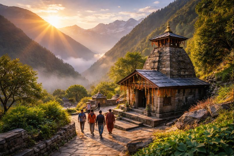 Vriddha Badri Darshan Timings temple view at sunrise