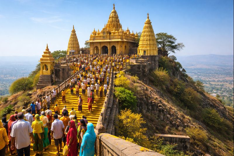 Khandoba Temple Jejuri Opening and devotees climbing steps.