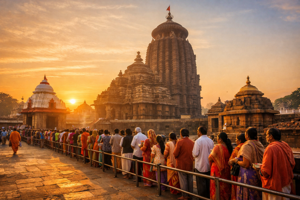 Lingaraj Temple Darshan Timings in Bhubaneswar with devotees queueing in morning light