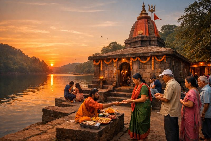 Pisharnath Mahadev Temple Prasad at serene lakeside temple in Matheran.
