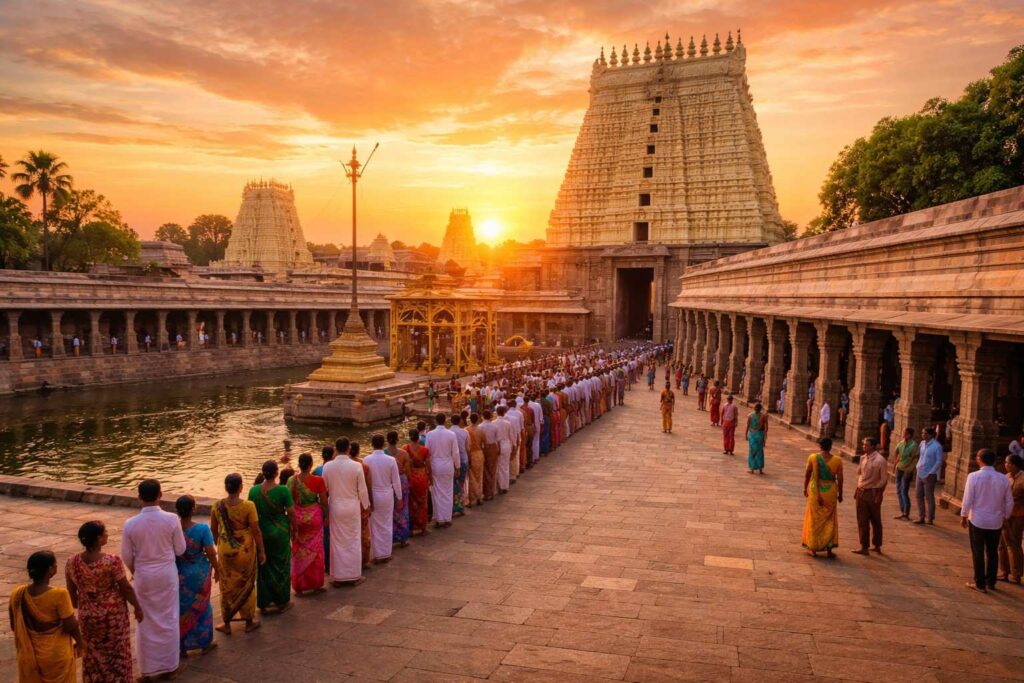 Rameshwar Mandir Darshan Timings at Ramanathaswamy Temple entrance with pilgrims.