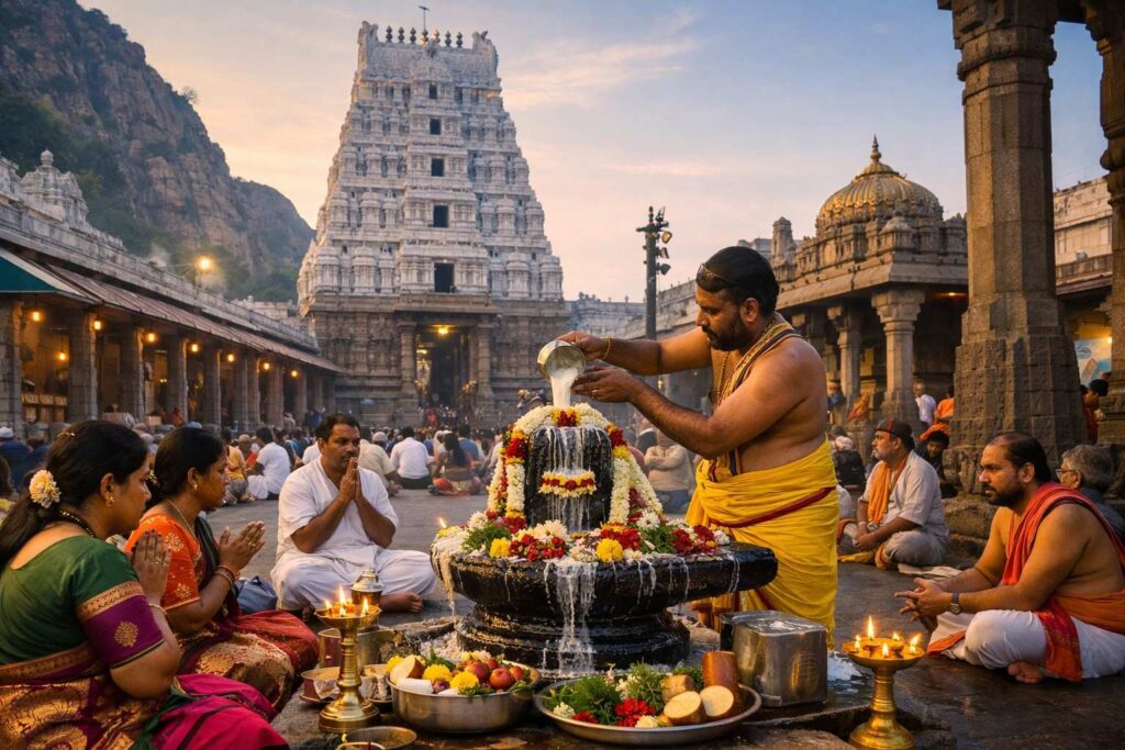 Srikalahasti Rudrabhishekam Online Booking ritual at the temple steps.