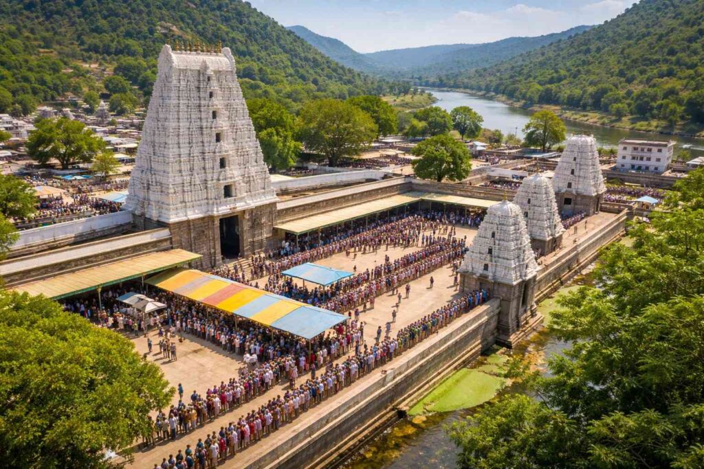 Ketu Rahu Temple Srikalahasti aerial view with devotees and pooja queue.