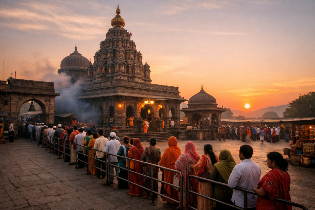 Tulja Bhavani Temple Darshan sunrise queue illustration.