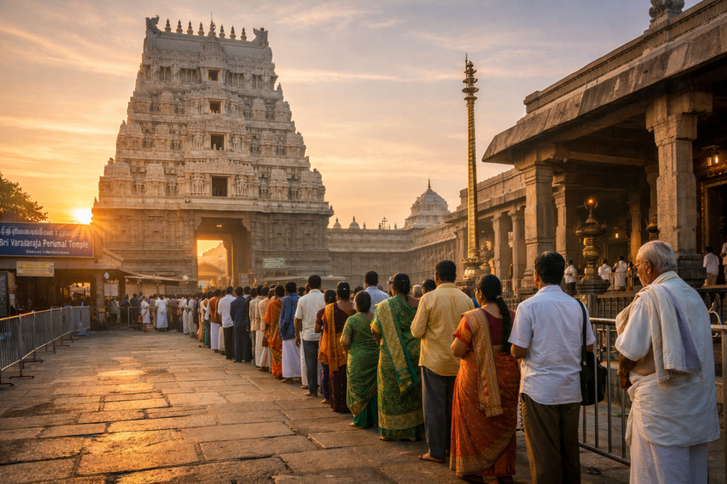 Varadharaja Perumal Temple Darshan at entrance with devotees in Kanchipuram