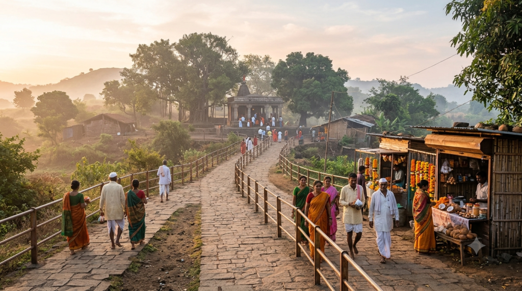 Shani Shingnapur temple timings – pilgrims approaching the open-air shrine