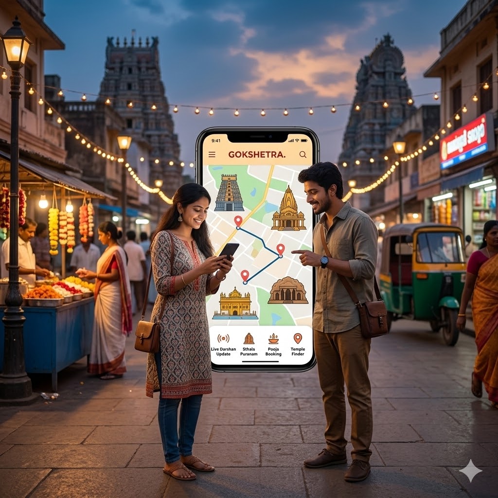 Close-up photograph of two young Indian individuals using a smartphone on a busy, illuminated temple street at dusk, displaying the GOKSHETRA app with temple map pins, live updates, and location-based discovery features.