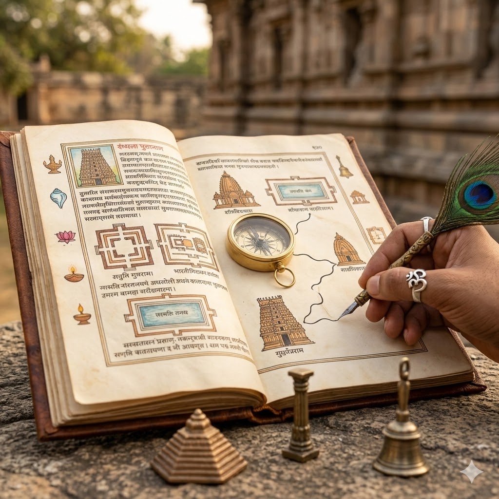 Close-up of an ancient open manuscript with illustrations of different Indian temple layouts and a small brass compass, symbolizing a guided pilgrimage.
