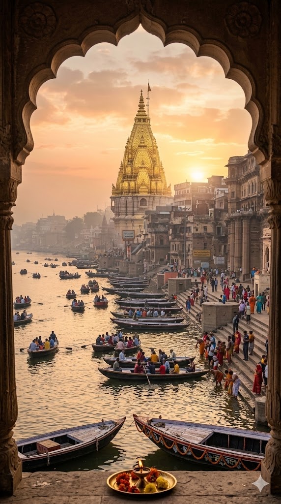 A majestic vertical portrait photograph of the Kashi Vishwanath temple spire rising above the old city of Varanasi, with countless small traditional wooden rowboats filled with pilgrims navigating the Ganga river at sunrise.