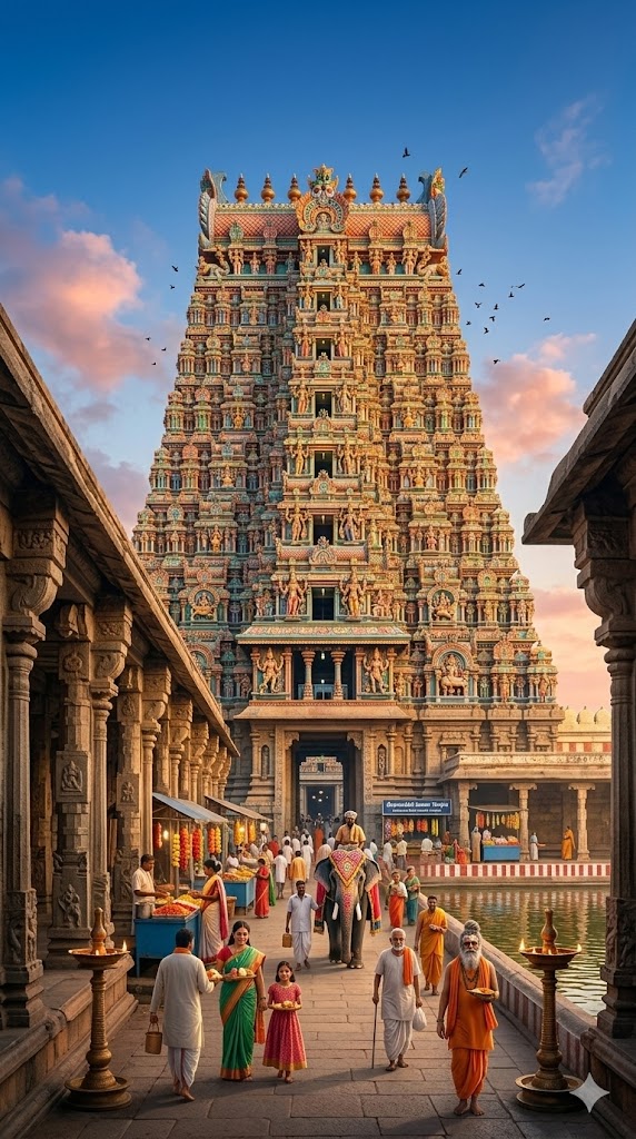 A majestic vertical portrait of the massive colorful South Gopuram of the Meenakshi Amman Temple rising above the old city of Madurai, with countless small figures of pilgrims and traditional wooden rowboats in the sacred Golden Lotus Tank at sunrise.