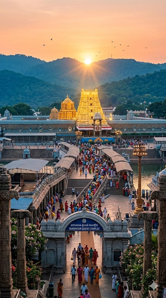 A majestic vertical portrait of the Tirumala Tirupati temple complex at sunrise, showing the golden Ananda Nilayam dome and thousands of pilgrims flowing along the Vaikuntam queue lines and mountain paths.