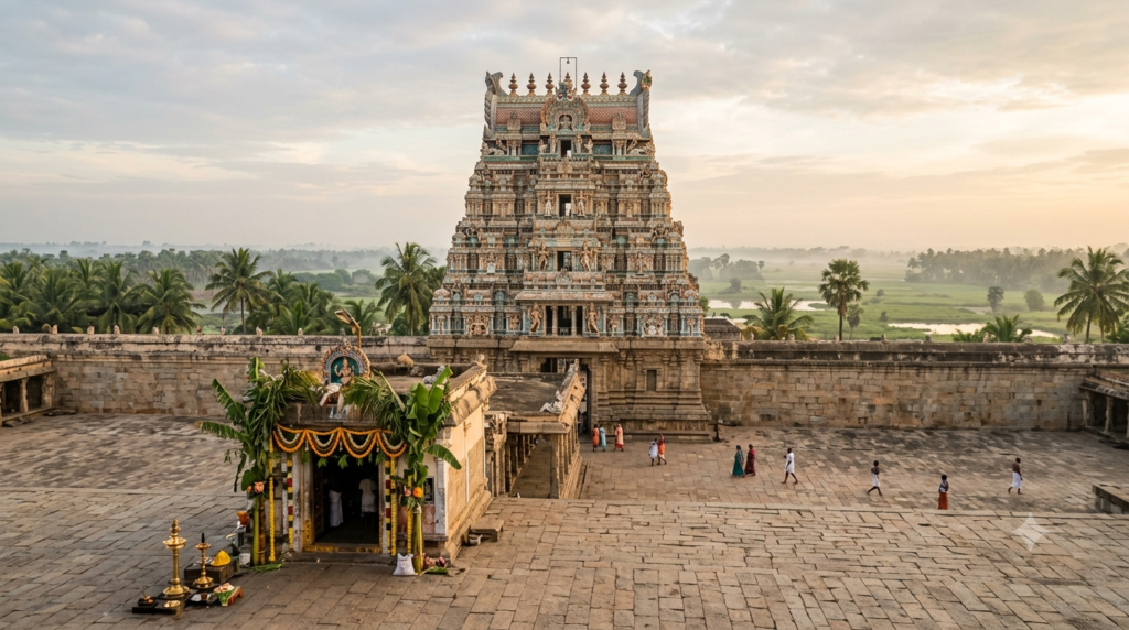 60th marriage famous temple in Tamil Nadu, Thirukkadaiyur gopuram at sunrise