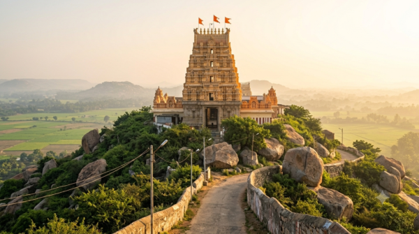 Kondagattu seva booking counter area near the Anjaneya Swamy temple gopuram on the green hillock