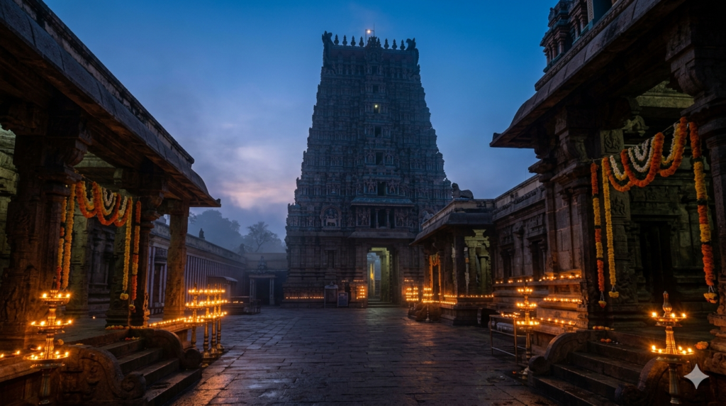 Melmaruvathur Abhishekam online booking — Adhiparasakthi Om Sakthi temple at dawn