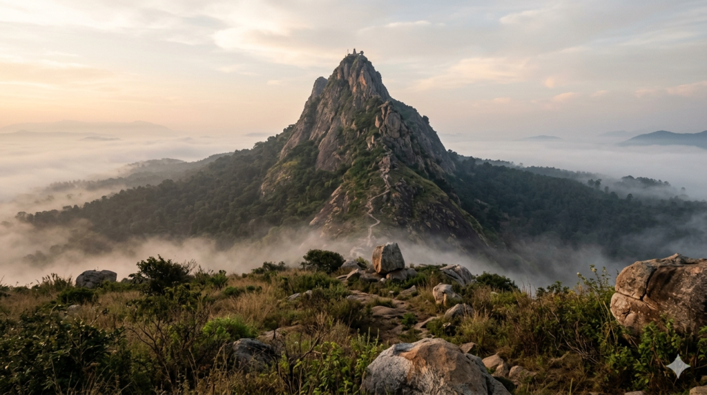Parvathamalai camping rules: steep hill near Tiruvannamalai with rocky summit trek path