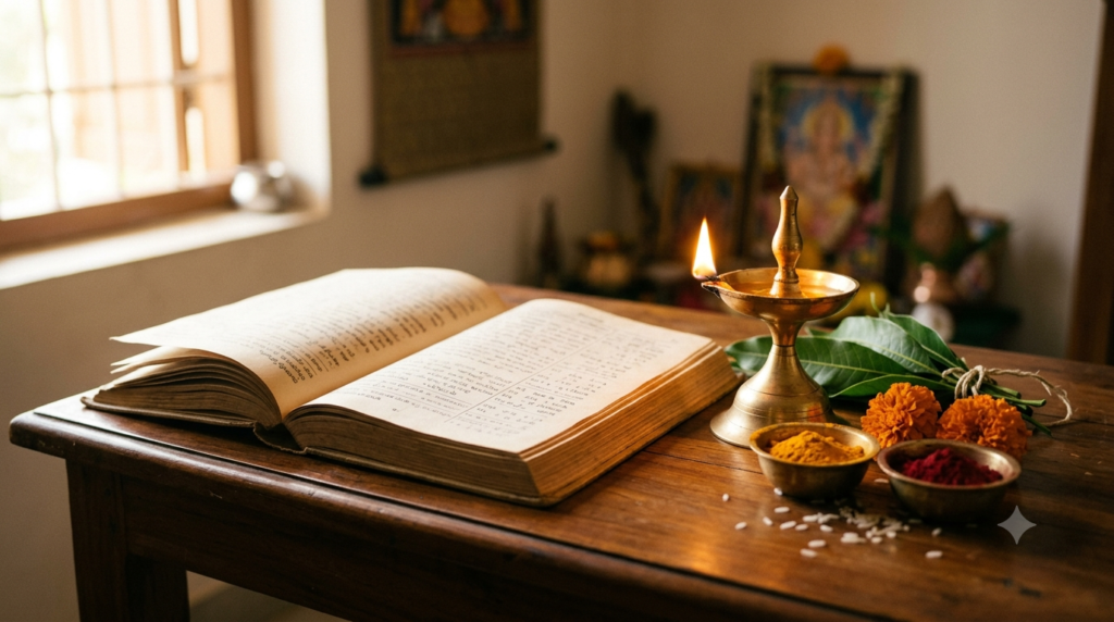 Pidaparthi Gantala Panchangam 2026 style Telugu almanac with brass lamp on Ugadi day