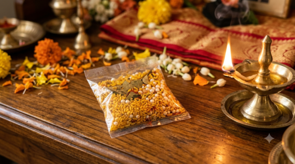TSRTC Bhadrachalam Talambralu prasadam packet with pearls beside a brass lamp