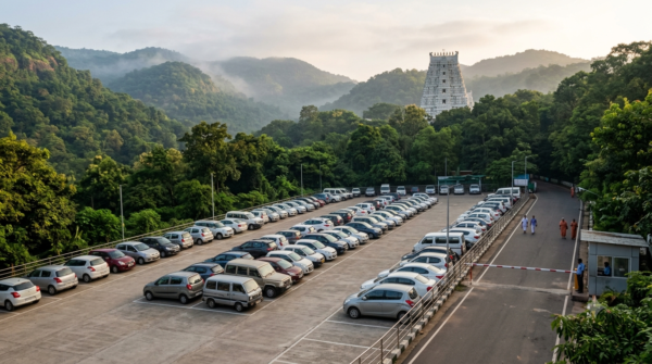 Tirumala car parking lot with cars parked in rows below forested hills near the temple
