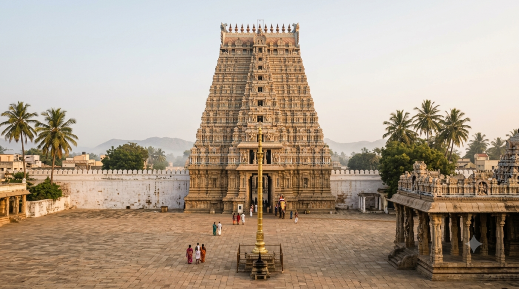 Vemulawada Anna Pooja temple gopuram and courtyard in morning light