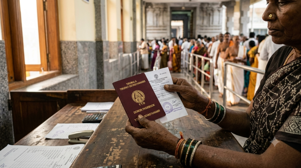 Donor showing passbook at Tirumala counter to claim 5 Lakh donor benefits