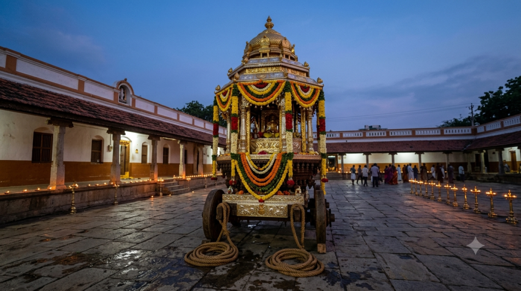 Mantralayam golden chariot seva procession chariot in the temple courtyard at evening