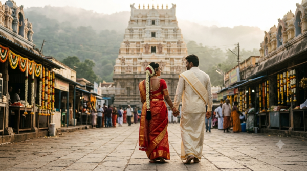 Newly married couples darshan at Tirumala: couple in wedding attire near the temple entrance