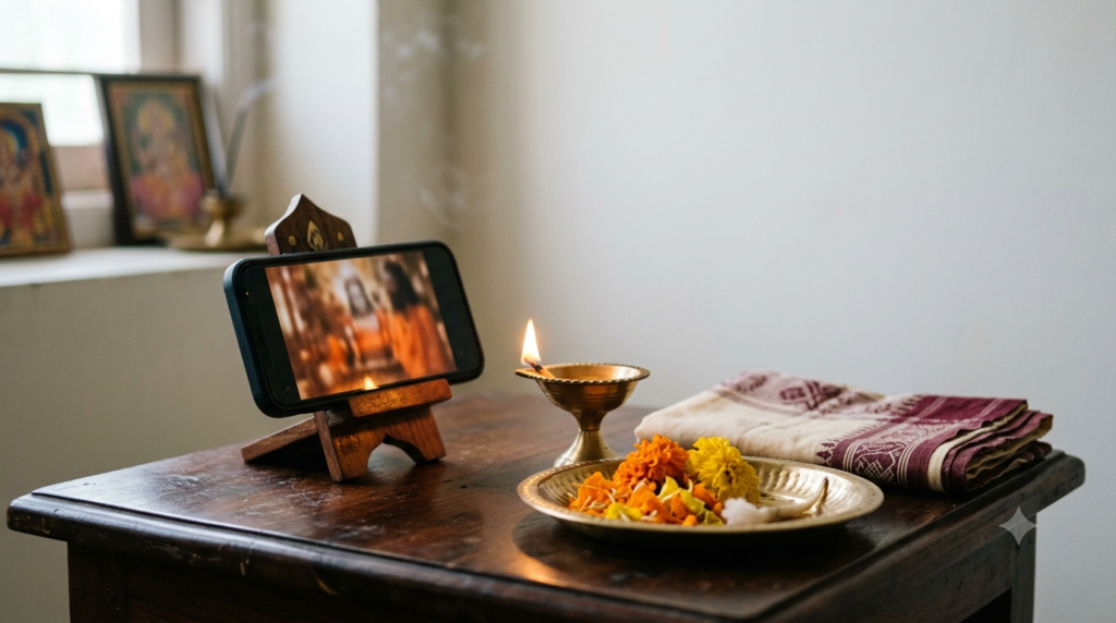 Sathamanam Bhavathi today episode played on a phone beside a brass lamp and marigolds