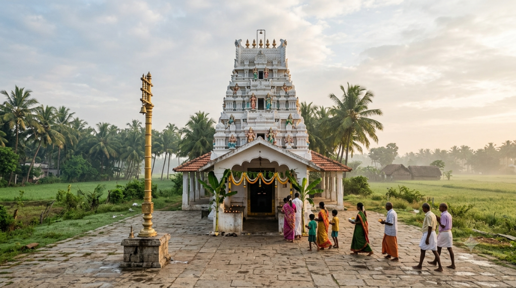 Siruvapuri Murugan Temple booking: devotees at a South Indian temple entrance for darshan