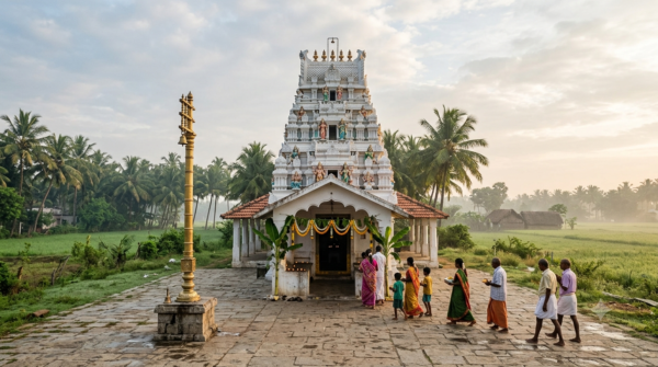 Siruvapuri Murugan Temple booking: devotees at a South Indian temple entrance for darshan