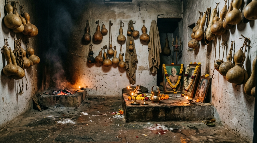 Sorakaya Swami temple samadhi shrine, Narayanavanam, with bottle gourds hanging inside