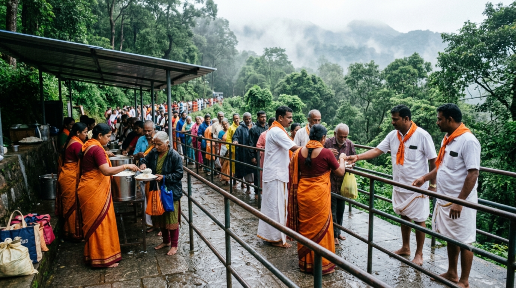 TTD Srivari Seva tickets guide: volunteers in white and orange serving pilgrims at Tirumala