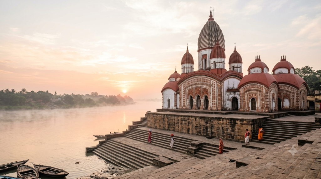 Nine-spired white Navaratna Kali temple on a river ghat, among the famous temples in West Bengal