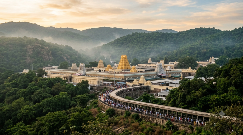 Tirumala darshan types: pilgrims in the TTD queue complex below the temple's gold vimana